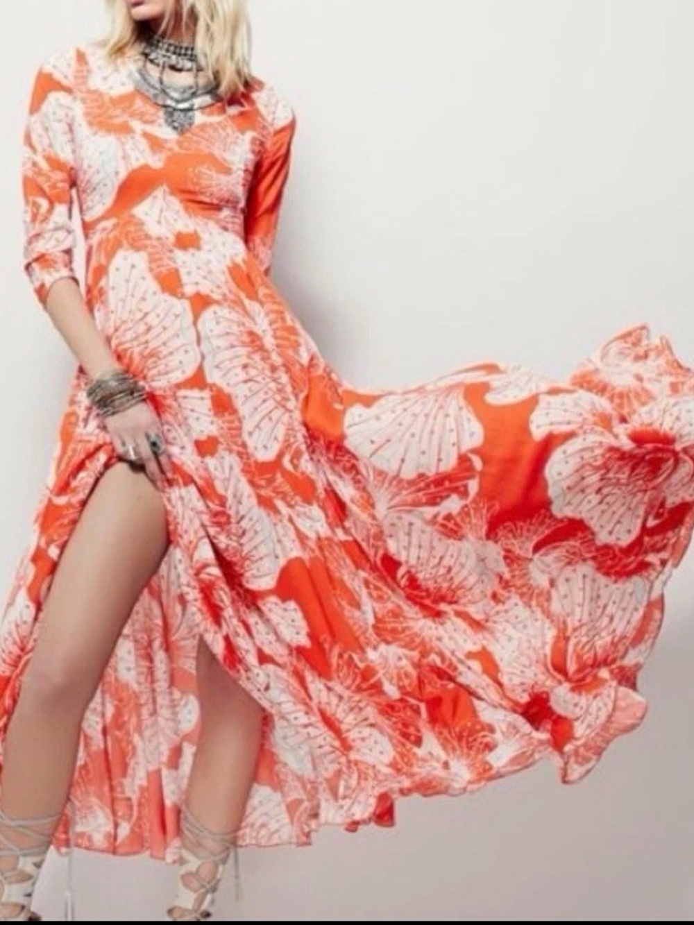 Free People First Kiss Maxi Dress Orange Floral Long Sleeve Rayon Bohemian XS